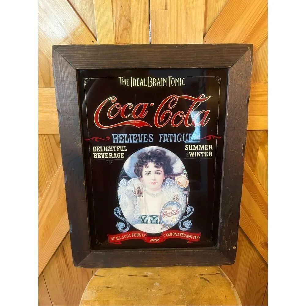 Vtg Coca Cola Glass Mirror Sign Advertisement Framed Brain Tonic Relieves Fatigu